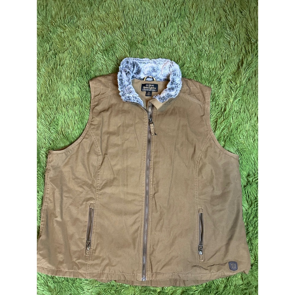 Noble Outfitters Vest Women XXL Brown Canvas Faux Fur Collar Workwear Equestrian